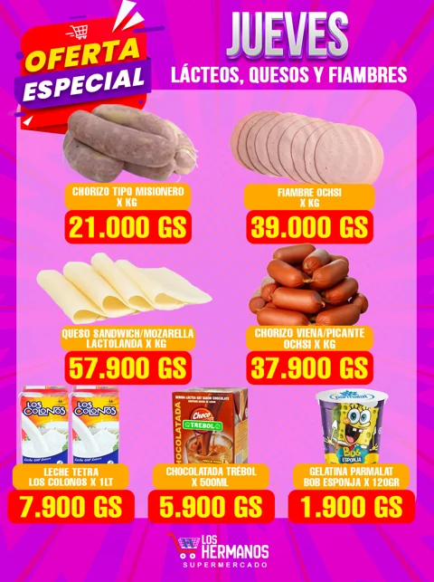Flyer de jueves de Los Hermanos con siete productos de lácteos, quesos y fiambres